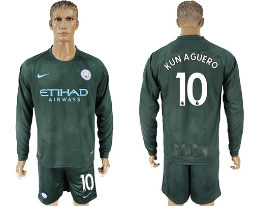 Manchester City #10 Kun Aguero Sec Away Long Sleeves Soccer Club Jersey - Click Image to Close
